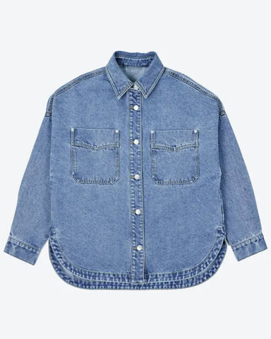 Women's Plain Button Front Drop Shoulder Curved Hem Denim Jacket