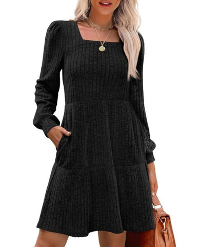 WIHOLL Womens Square Neck Long Sleeve Fall Dresses Casual Babydoll Sweater Dress