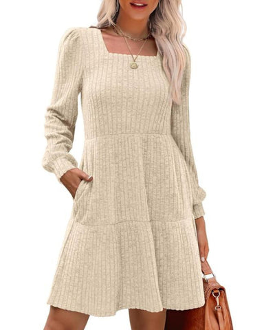 WIHOLL Womens Square Neck Long Sleeve Fall Dresses Casual Babydoll Sweater Dress