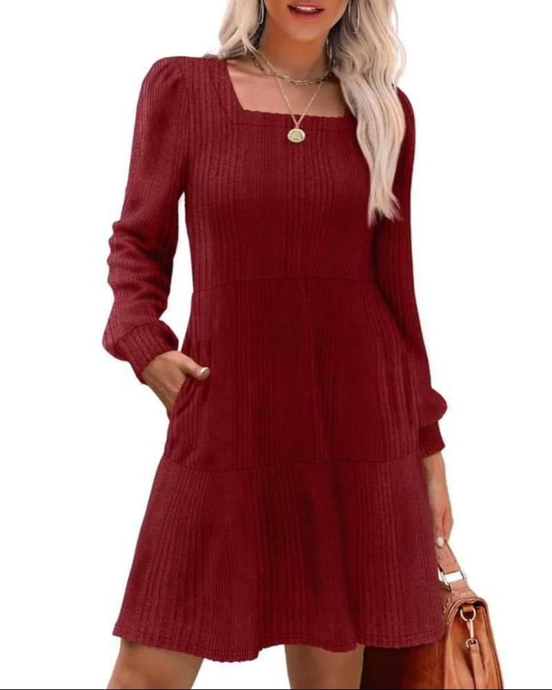 WIHOLL Womens Square Neck Long Sleeve Fall Dresses Casual Babydoll Sweater Dress