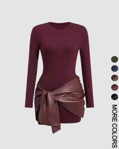 Women's Patchwork Knot Side Dress, Casual Fashion Long Sleeve