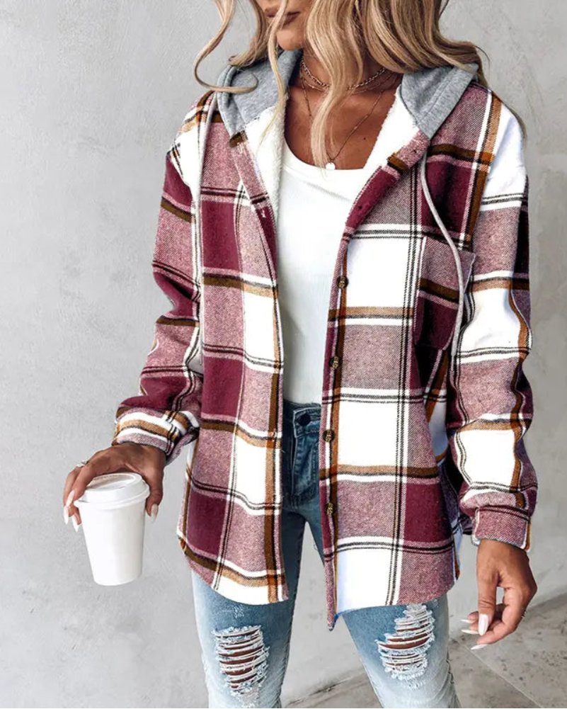 Women's Plaid Pattern Long Sleeve Shacket Button Down Fleece Lined Hooded Jackets