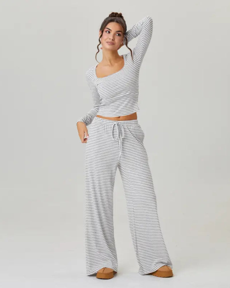 Women's Slouchy Square Neck Stripe Long Sleeve Crop Top & Low-Rise Wide Leg Trousers Co-ord