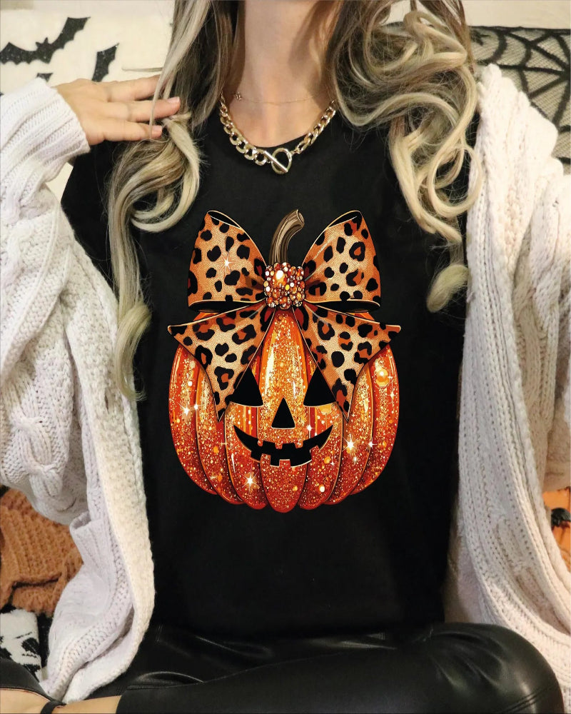 100% Cotton Pumpkin Leopard Coquette Bow Girly  Halloween T-Shirt