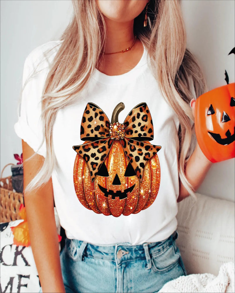 100% Cotton Pumpkin Leopard Coquette Bow Girly  Halloween T-Shirt