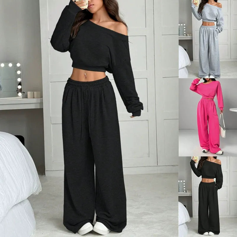 Women's Casual Solid Color Hoodie Set, One-Shoulder Design, Loose Knit Short Top Long Sleeve, Fashionable & Comfortable Wear