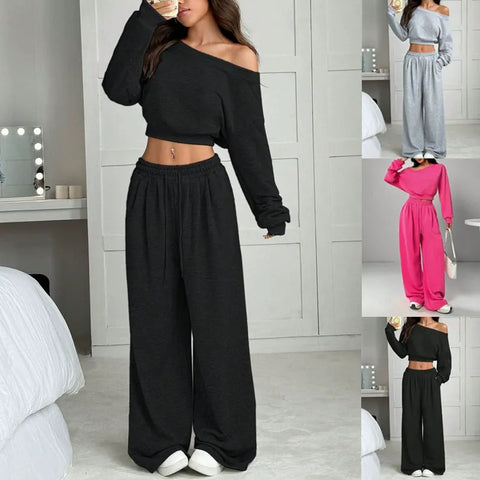 Women's Casual Solid Color Hoodie Set, One-Shoulder Design, Loose Knit Short Top Long Sleeve, Fashionable & Comfortable Wear