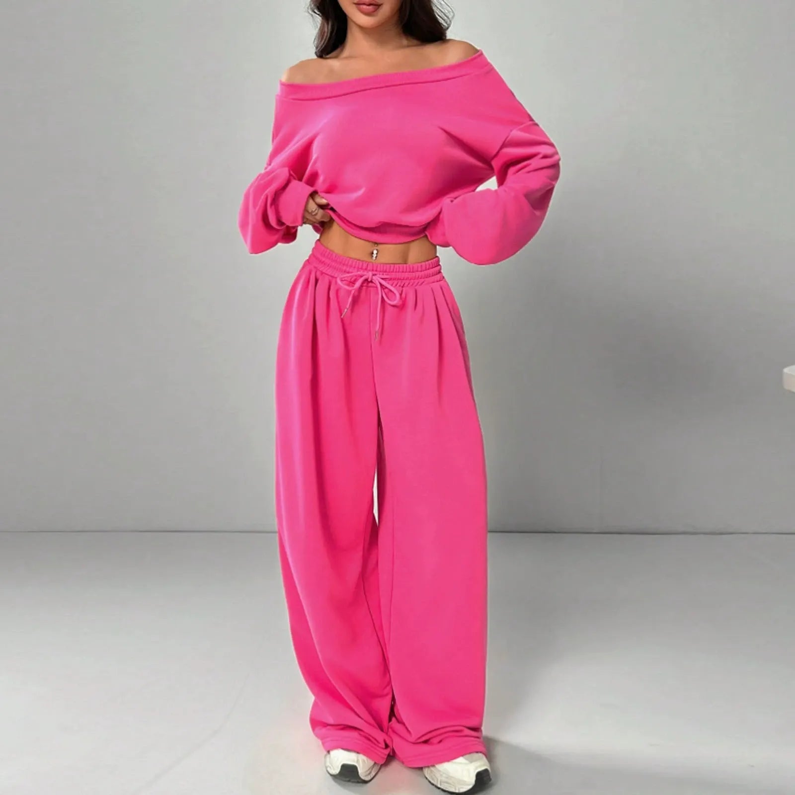 Women's Casual Solid Color Hoodie Set, One-Shoulder Design, Loose Knit Short Top Long Sleeve, Fashionable & Comfortable Wear