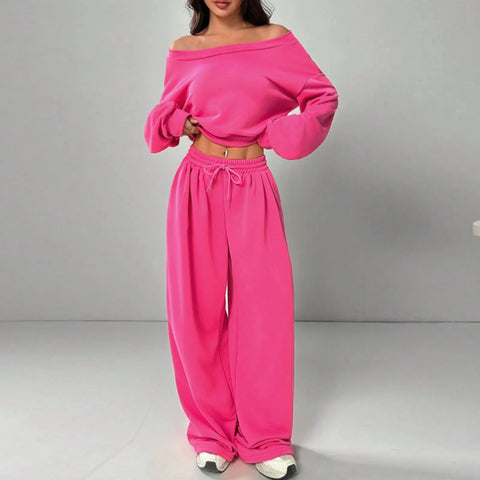Women's Casual Solid Color Hoodie Set, One-Shoulder Design, Loose Knit Short Top Long Sleeve, Fashionable & Comfortable Wear