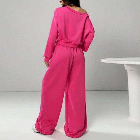 Women's Casual Solid Color Hoodie Set, One-Shoulder Design, Loose Knit Short Top Long Sleeve, Fashionable & Comfortable Wear