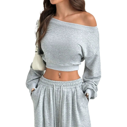 Women's Casual Solid Color Hoodie Set, One-Shoulder Design, Loose Knit Short Top Long Sleeve, Fashionable & Comfortable Wear