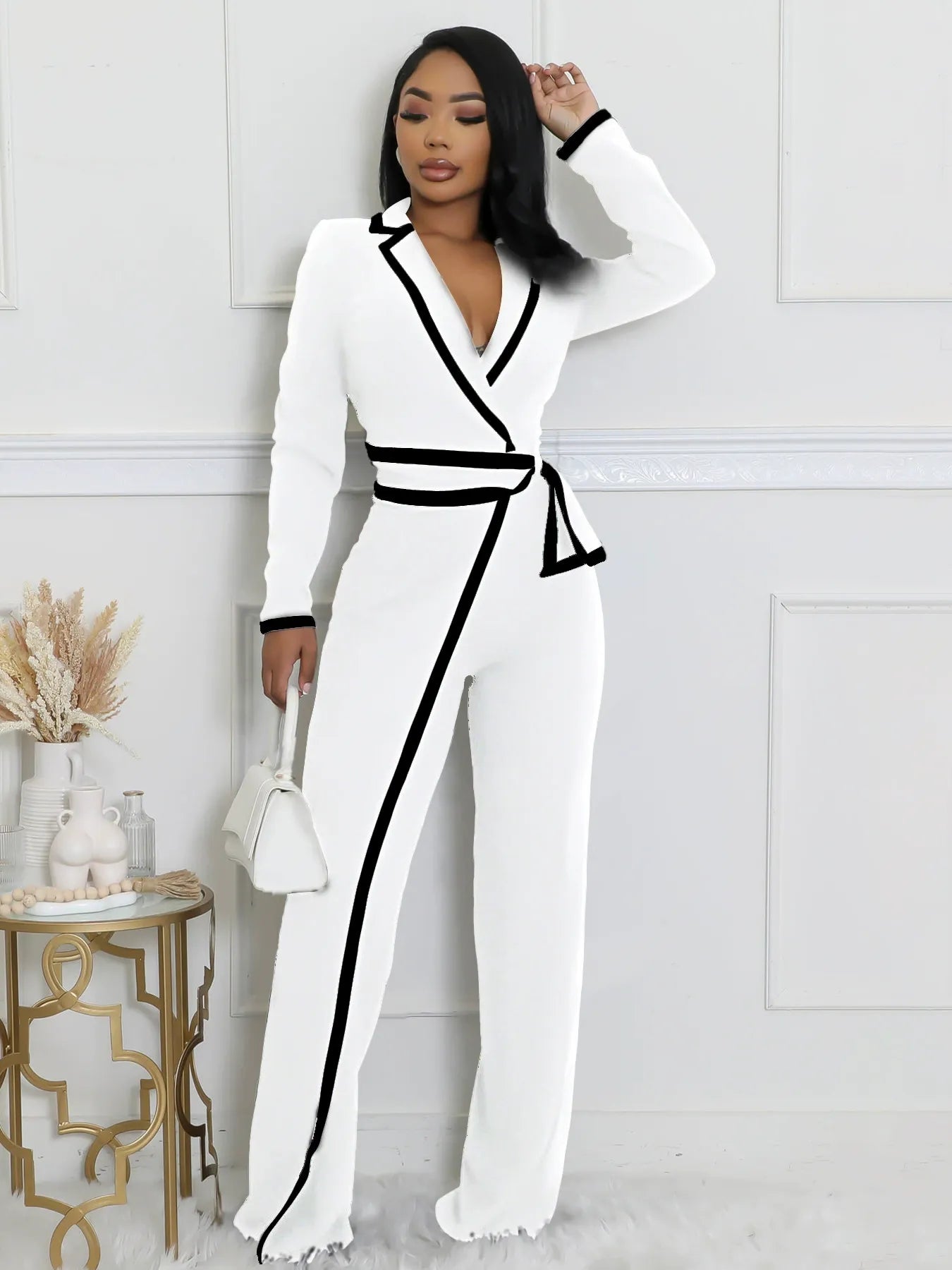 Fashion Belt Design Dual-color Patchwork Long Sleeve Jumpsuit