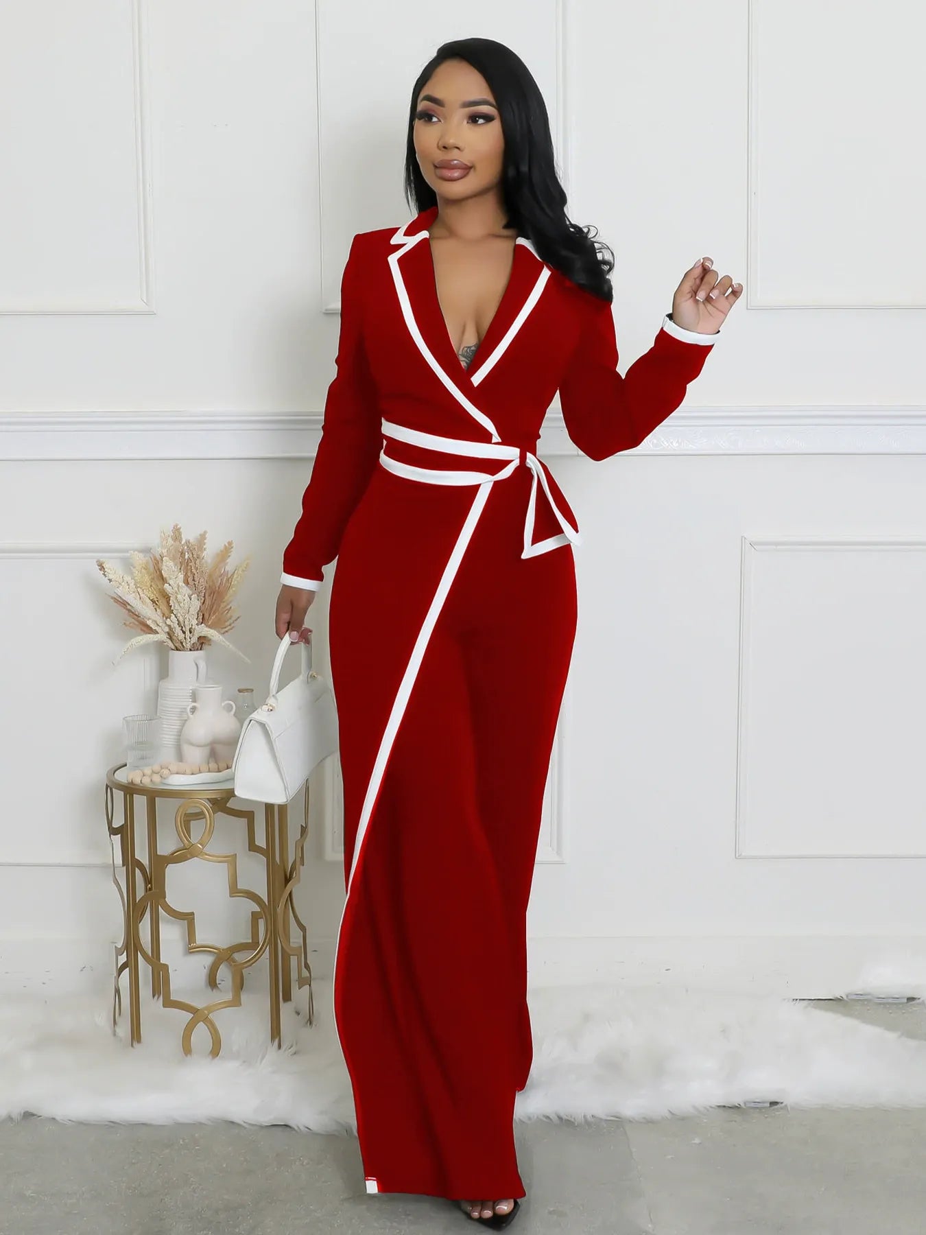 Fashion Belt Design Dual-color Patchwork Long Sleeve Jumpsuit