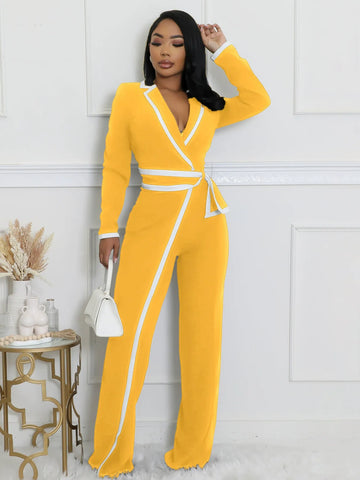 Fashion Belt Design Dual-color Patchwork Long Sleeve Jumpsuit