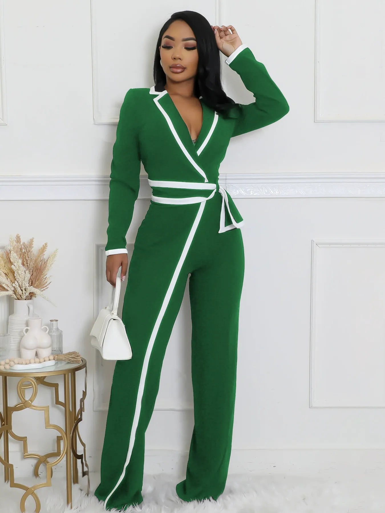 Fashion Belt Design Dual-color Patchwork Long Sleeve Jumpsuit