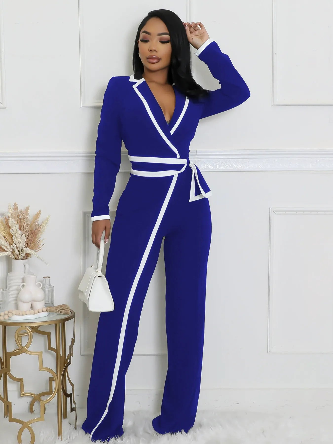 Fashion Belt Design Dual-color Patchwork Long Sleeve Jumpsuit