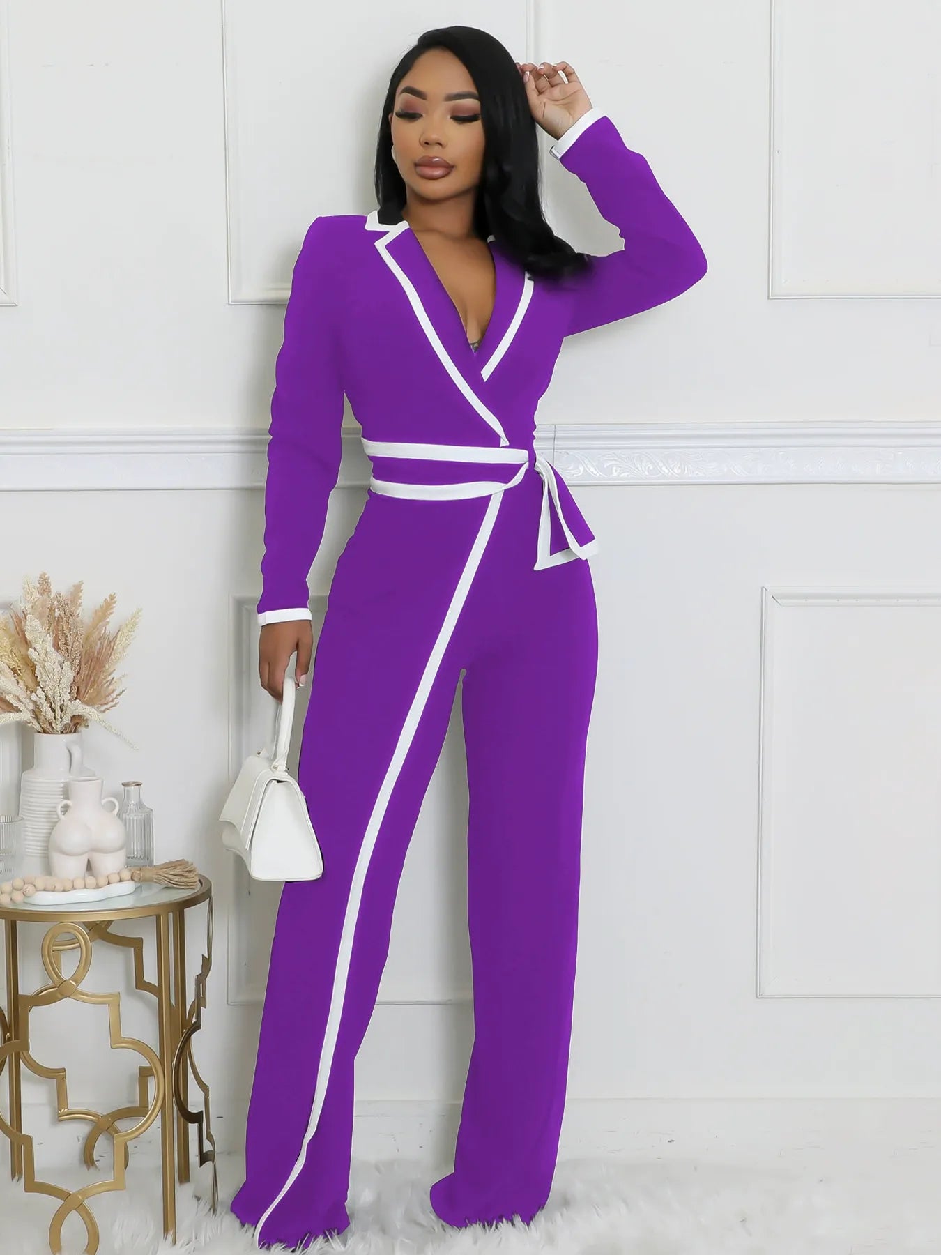 Fashion Belt Design Dual-color Patchwork Long Sleeve Jumpsuit