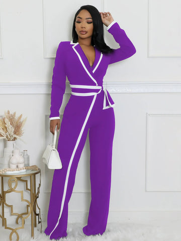 Fashion Belt Design Dual-color Patchwork Long Sleeve Jumpsuit