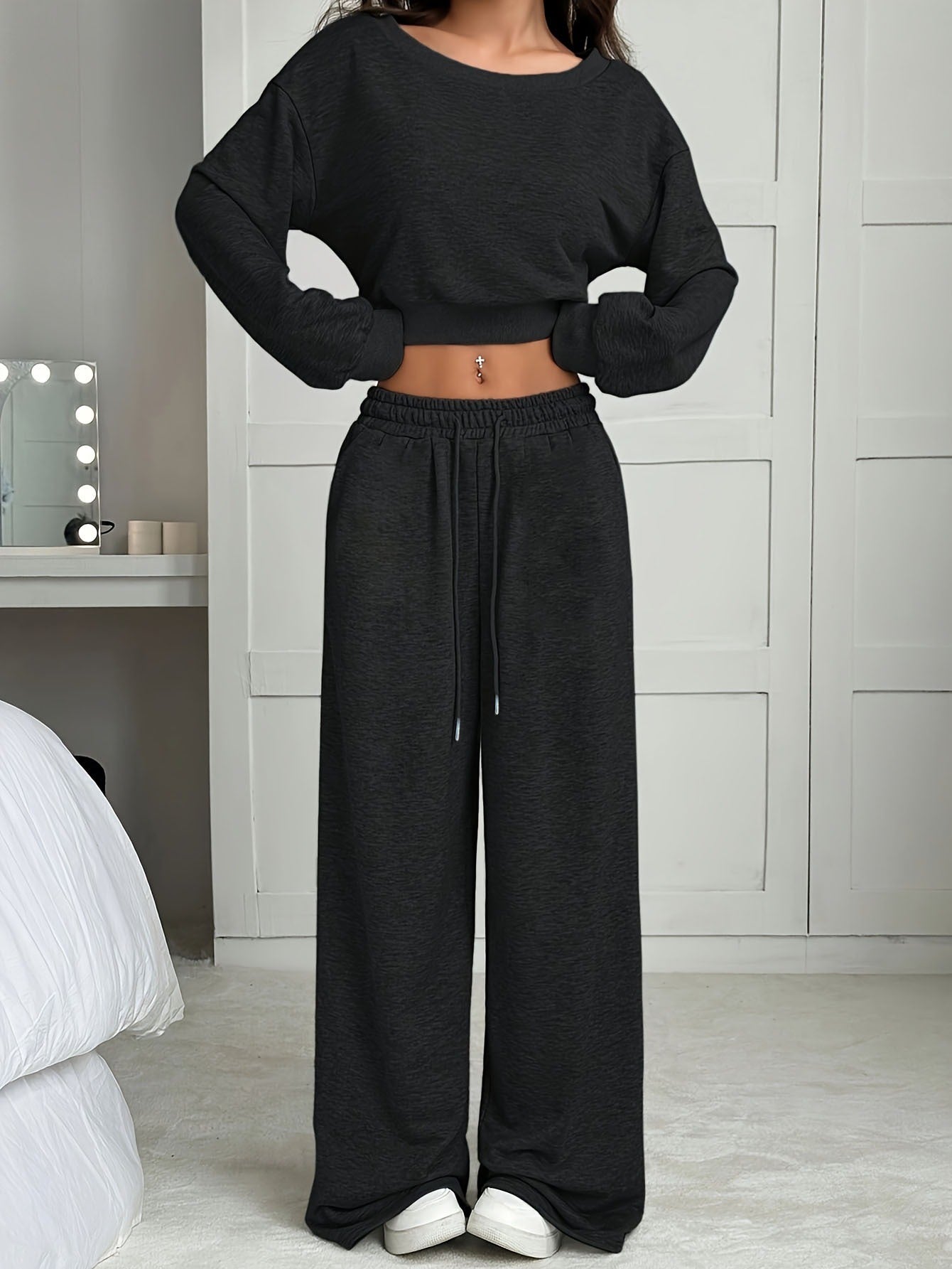 Women's Casual Solid Color Hoodie Set, One-Shoulder Design, Loose Knit Short Top Long Sleeve, Fashionable & Comfortable Wear