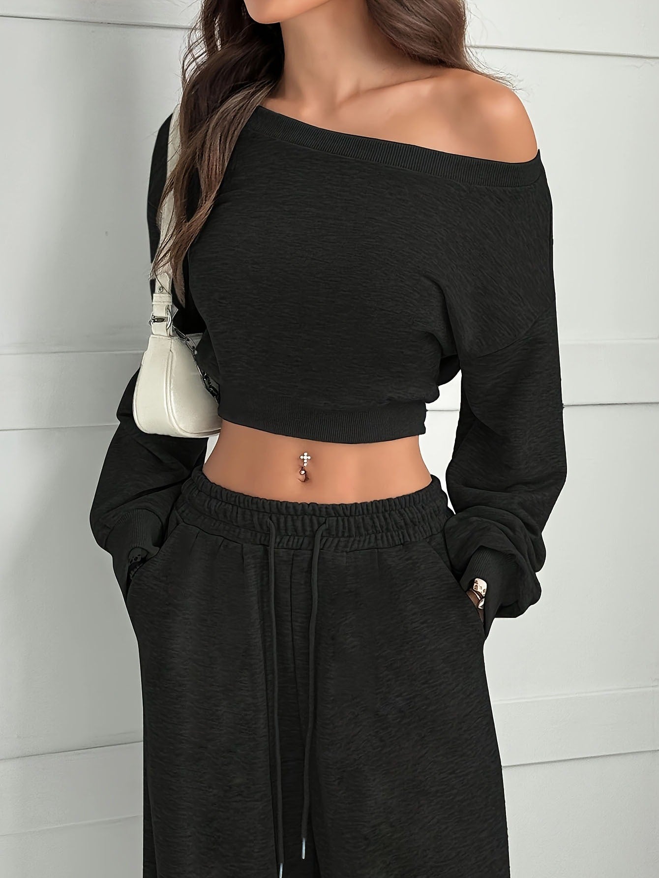 Women's Casual Solid Color Hoodie Set, One-Shoulder Design, Loose Knit Short Top Long Sleeve, Fashionable & Comfortable Wear