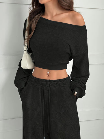Women's Casual Solid Color Hoodie Set, One-Shoulder Design, Loose Knit Short Top Long Sleeve, Fashionable & Comfortable Wear