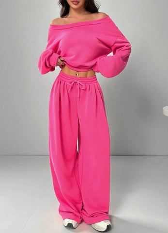 Women's Casual Solid Color Hoodie Set, One-Shoulder Design, Loose Knit Short Top Long Sleeve, Fashionable & Comfortable Wear
