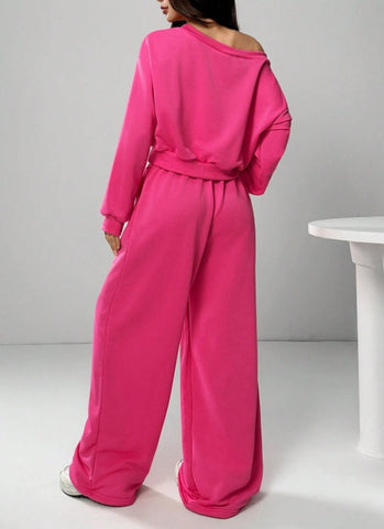 Women's Casual Solid Color Hoodie Set, One-Shoulder Design, Loose Knit Short Top Long Sleeve, Fashionable & Comfortable Wear