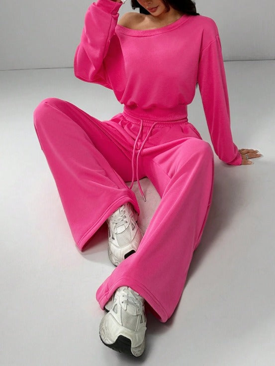 Women's Casual Solid Color Hoodie Set, One-Shoulder Design, Loose Knit Short Top Long Sleeve, Fashionable & Comfortable Wear