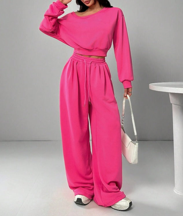 Women's Casual Solid Color Hoodie Set, One-Shoulder Design, Loose Knit Short Top Long Sleeve, Fashionable & Comfortable Wear