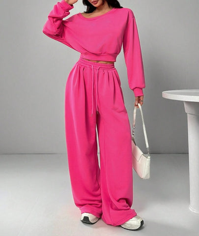 Women's Casual Solid Color Hoodie Set, One-Shoulder Design, Loose Knit Short Top Long Sleeve, Fashionable & Comfortable Wear