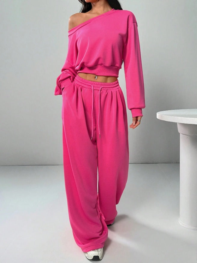 Women's Casual Solid Color Hoodie Set, One-Shoulder Design, Loose Knit Short Top Long Sleeve, Fashionable & Comfortable Wear