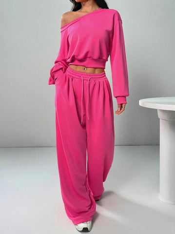 Women's Casual Solid Color Hoodie Set, One-Shoulder Design, Loose Knit Short Top Long Sleeve, Fashionable & Comfortable Wear