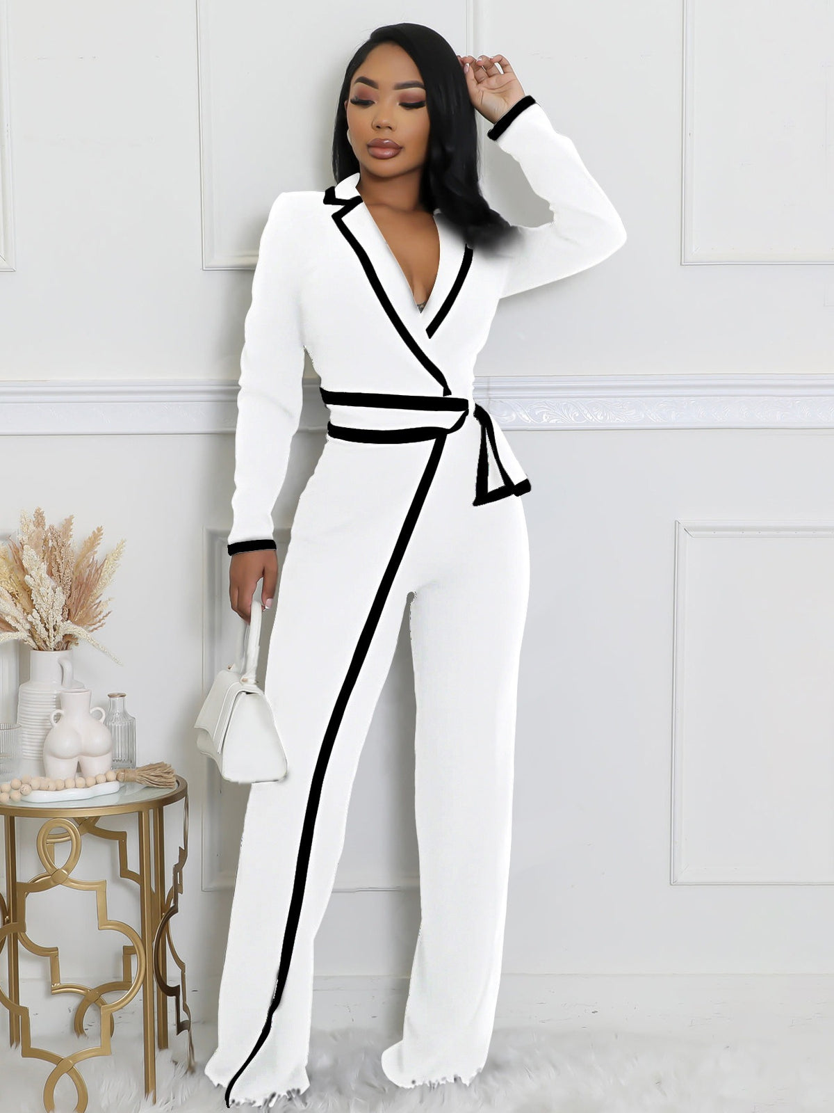 Fashion Belt Design Dual-color Patchwork Long Sleeve Jumpsuit