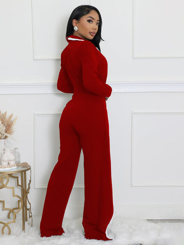 Fashion Belt Design Dual-color Patchwork Long Sleeve Jumpsuit