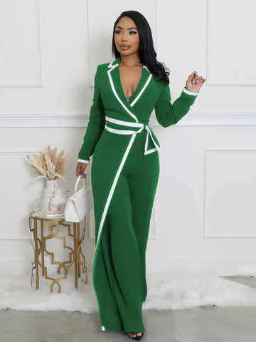 Fashion Belt Design Dual-color Patchwork Long Sleeve Jumpsuit