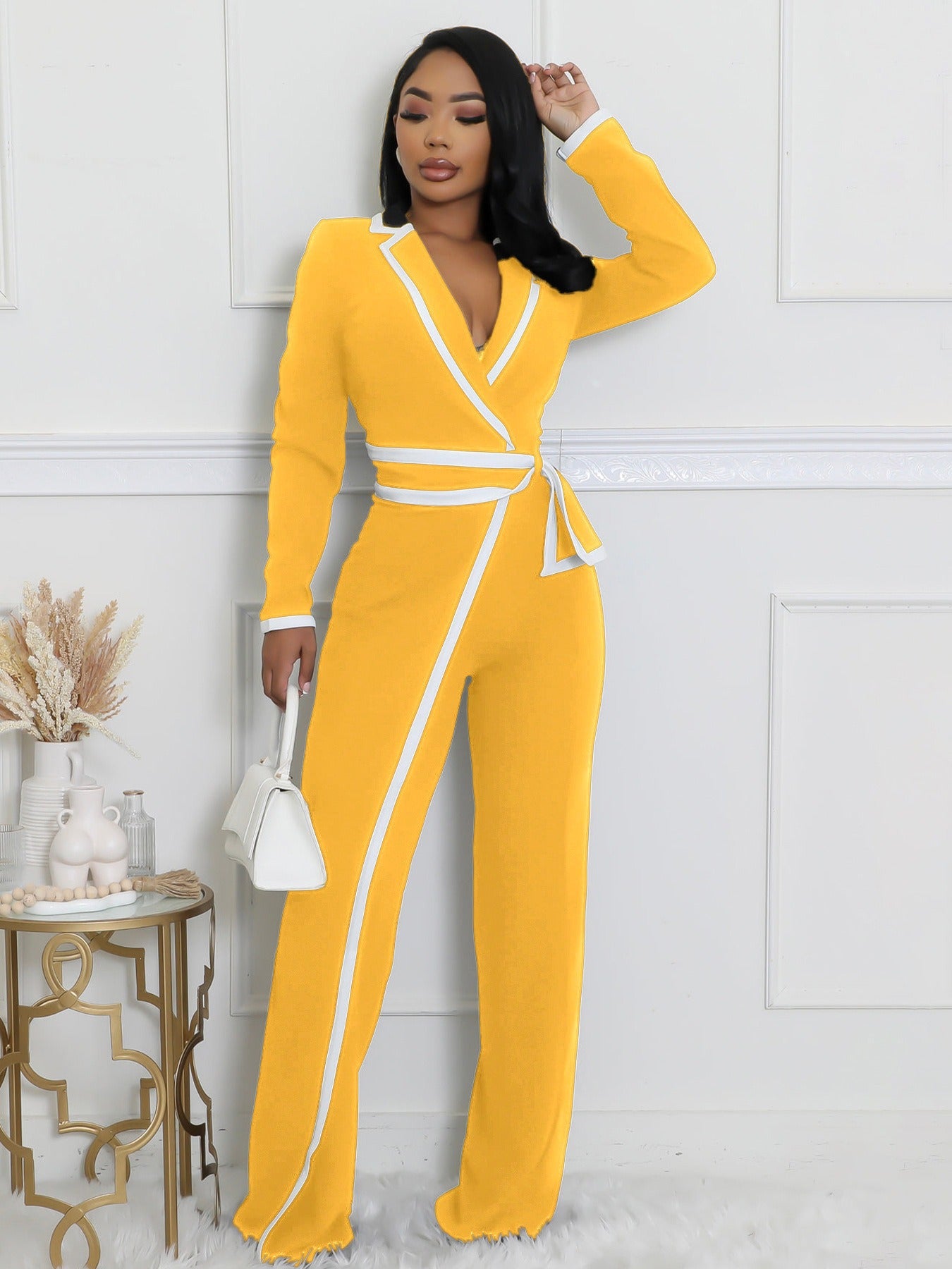 Fashion Belt Design Dual-color Patchwork Long Sleeve Jumpsuit