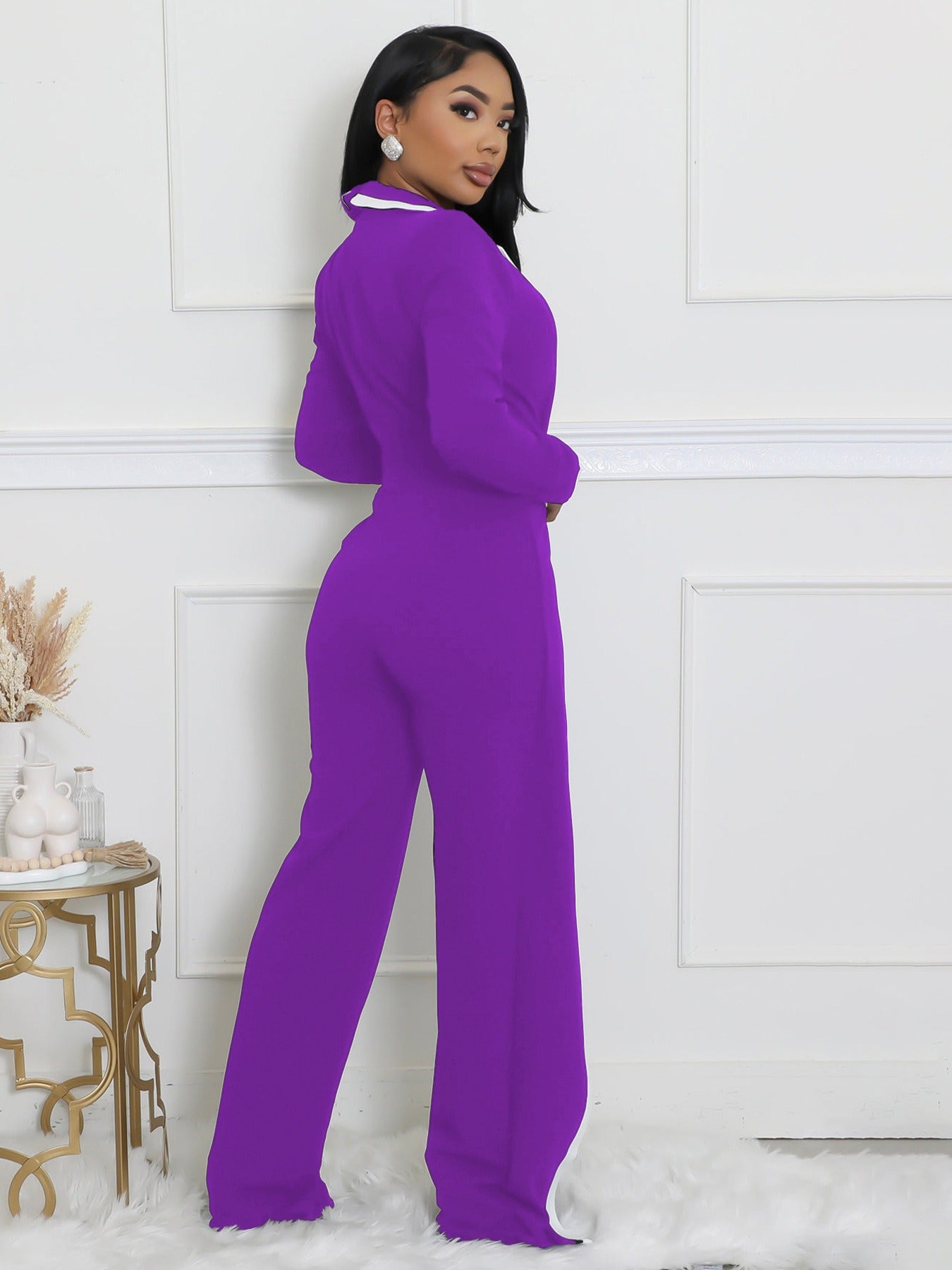 Fashion Belt Design Dual-color Patchwork Long Sleeve Jumpsuit