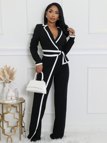 Fashion Belt Design Dual-color Patchwork Long Sleeve Jumpsuit