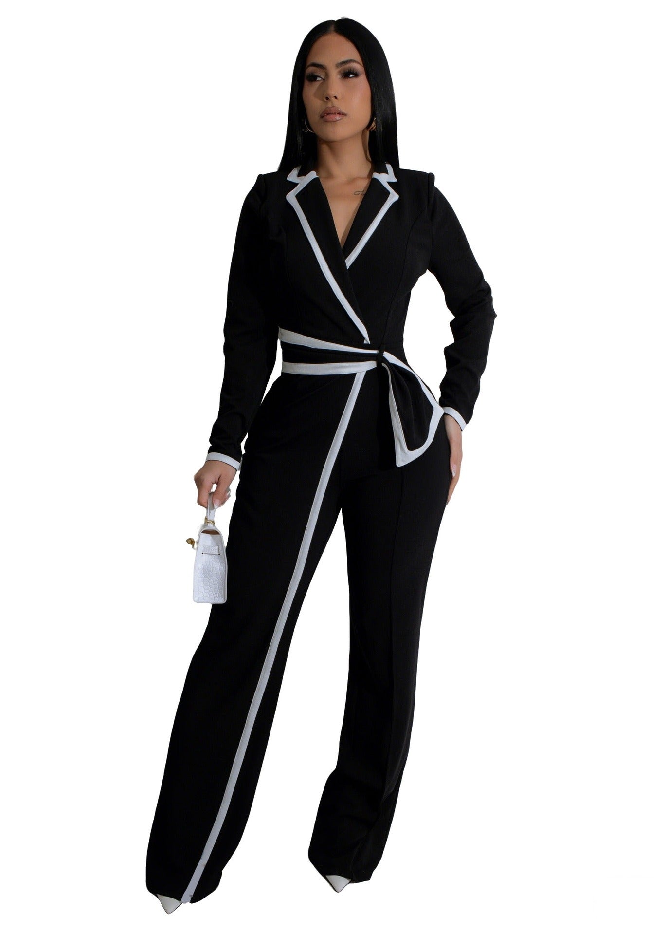 Fashion Belt Design Dual-color Patchwork Long Sleeve Jumpsuit