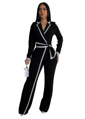 Fashion Belt Design Dual-color Patchwork Long Sleeve Jumpsuit