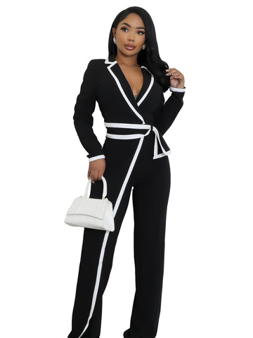 Fashion Belt Design Dual-color Patchwork Long Sleeve Jumpsuit