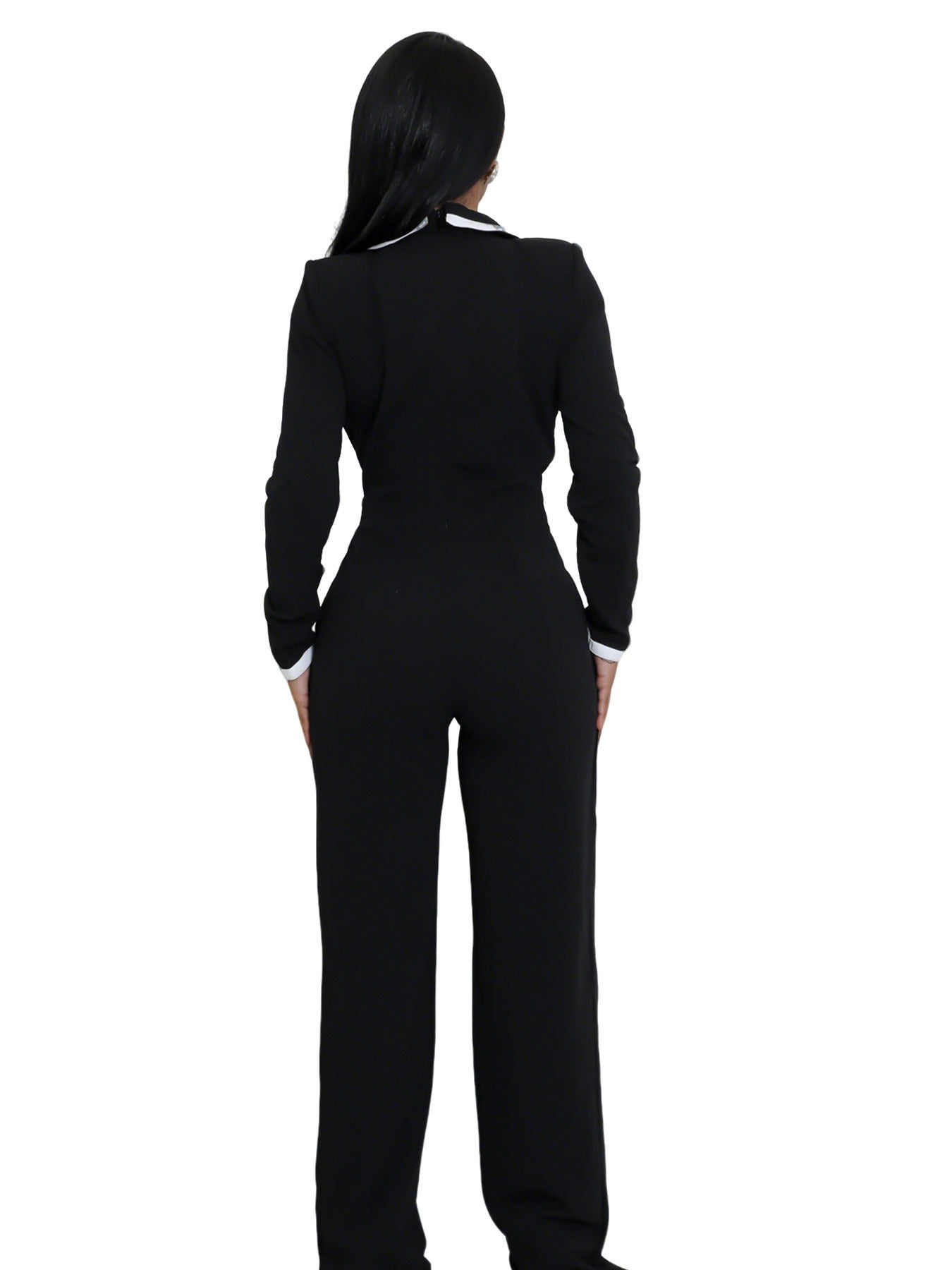 Fashion Belt Design Dual-color Patchwork Long Sleeve Jumpsuit
