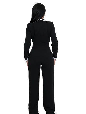 Fashion Belt Design Dual-color Patchwork Long Sleeve Jumpsuit