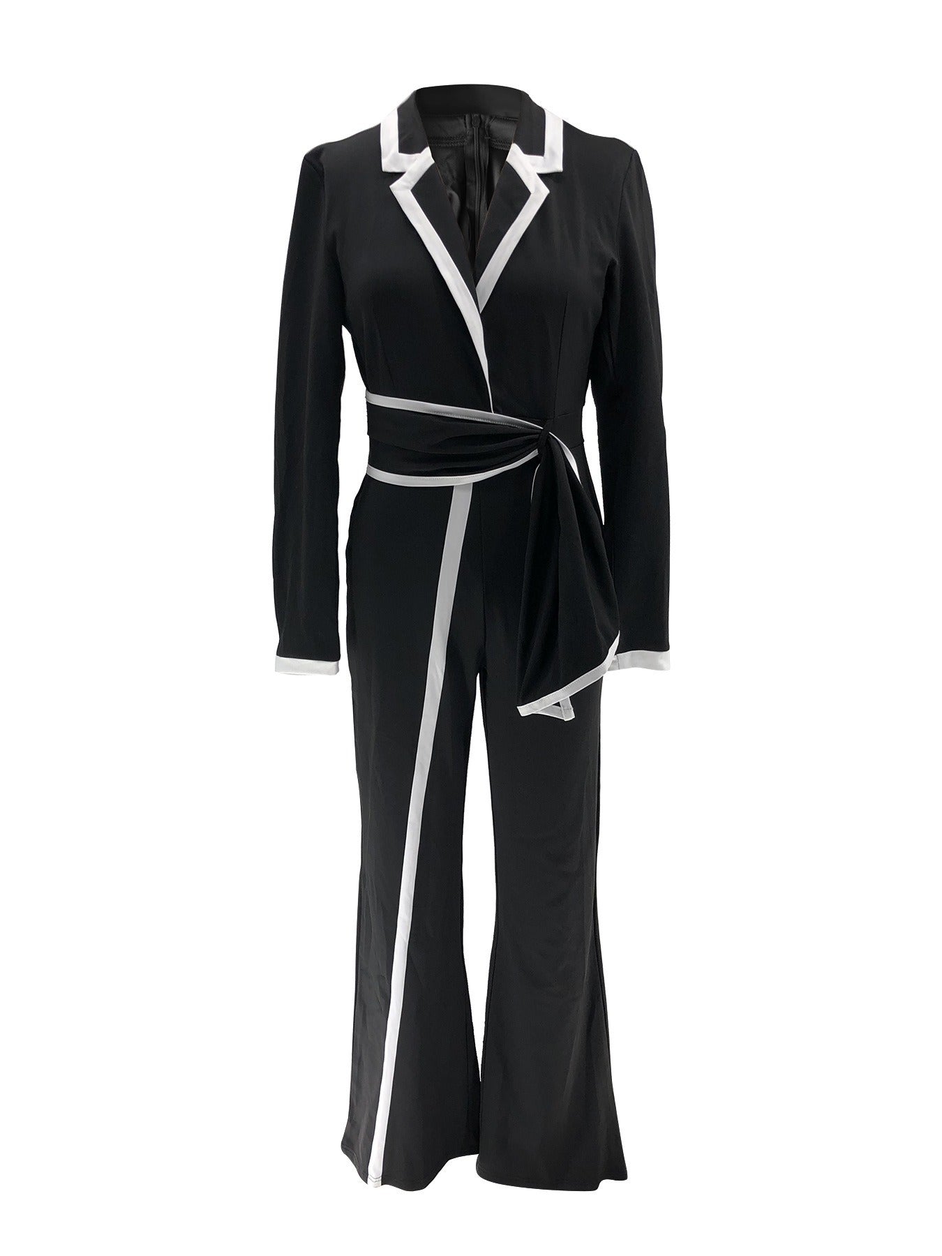 Fashion Belt Design Dual-color Patchwork Long Sleeve Jumpsuit