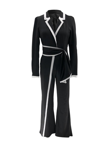 Fashion Belt Design Dual-color Patchwork Long Sleeve Jumpsuit