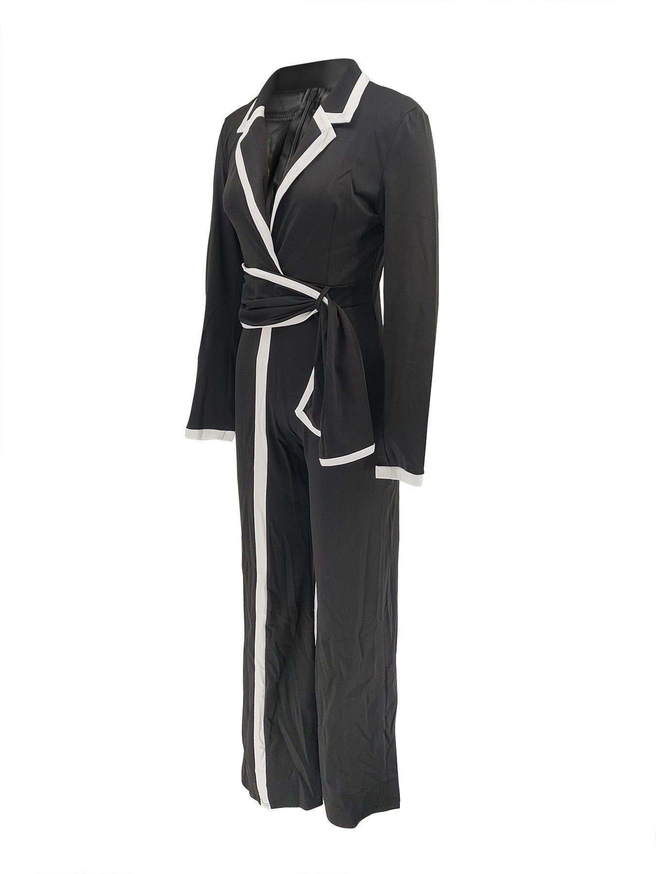 Fashion Belt Design Dual-color Patchwork Long Sleeve Jumpsuit