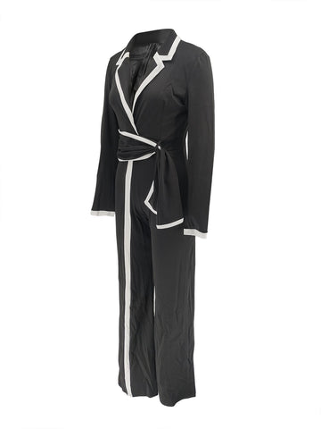 Fashion Belt Design Dual-color Patchwork Long Sleeve Jumpsuit