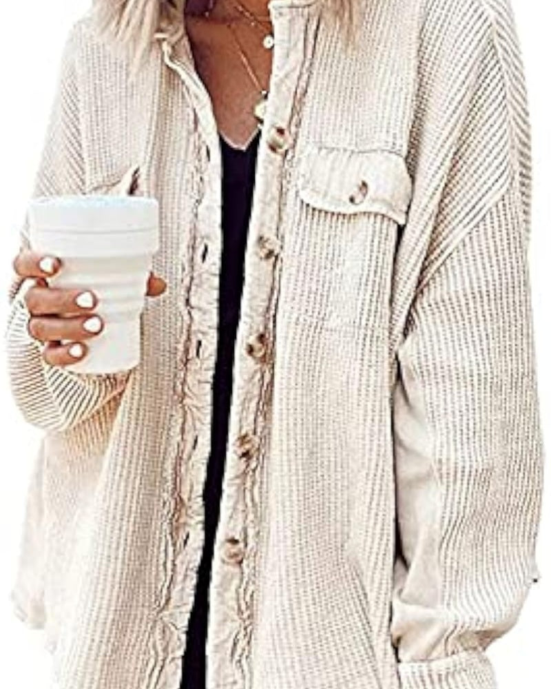 Women's Loose Shacket – Batwing Sleeve & Waffle Knit