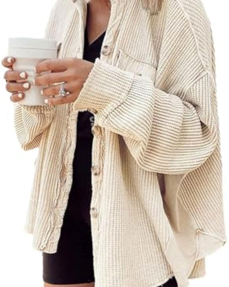 Women's Loose Shacket – Batwing Sleeve & Waffle Knit