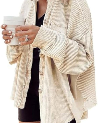 Women's Loose Shacket – Batwing Sleeve & Waffle Knit